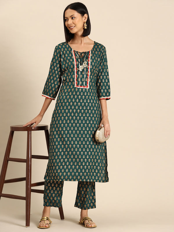 Kurta Pyajama with gota work in Green Buti Print