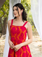 Strappy Box Pleat Midi Dress with IKKAT butti in pink and orange