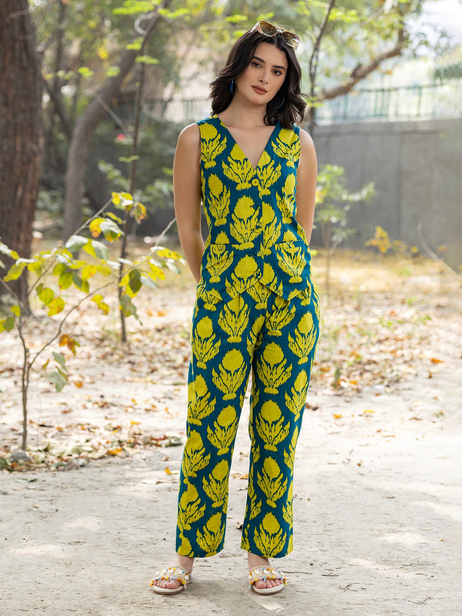 Waist Coat and Pants with IKKAT butti in teal blue and yellow
