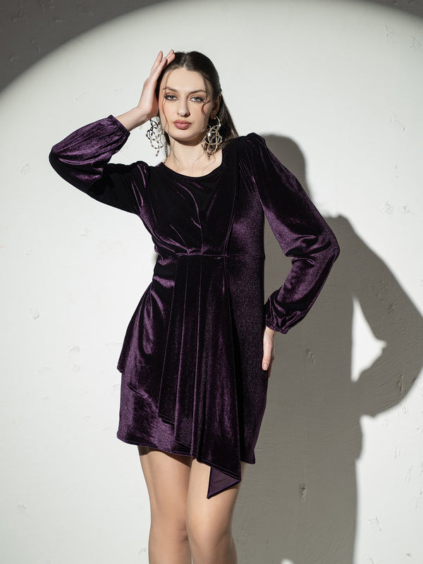Asymmetric drape mini dress with balloon sleeve in Purple