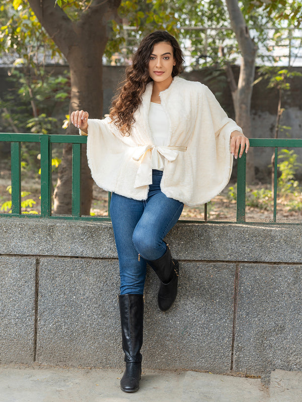Fur Cape with Tie up in Off White