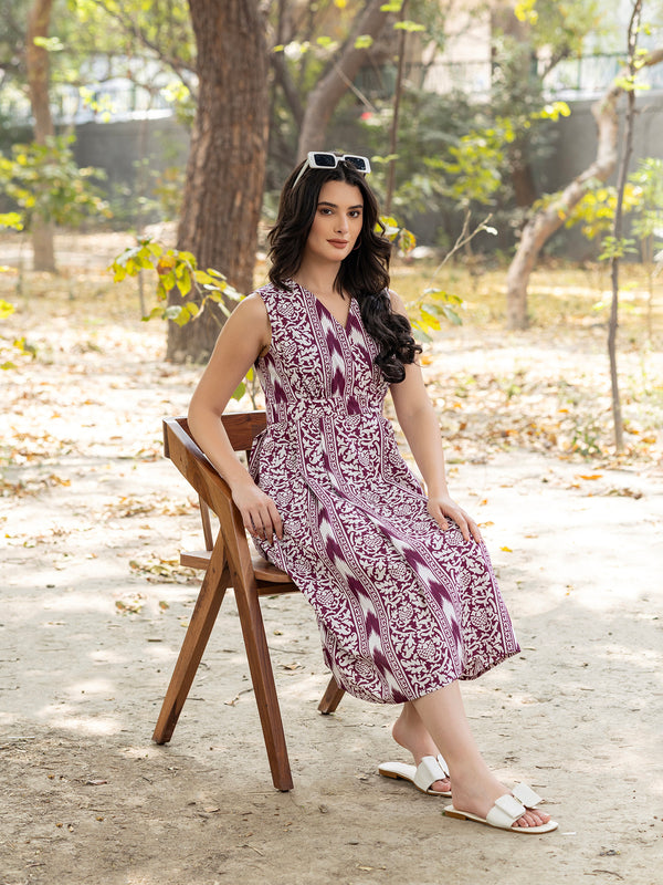 Overlap neck Midi Dress with Border IKKAT print in burgundy