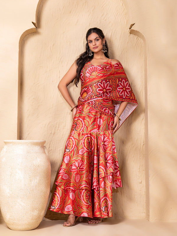Pre-Draped Double layer Sarree with Blouse in Border Red Gujrati Print
