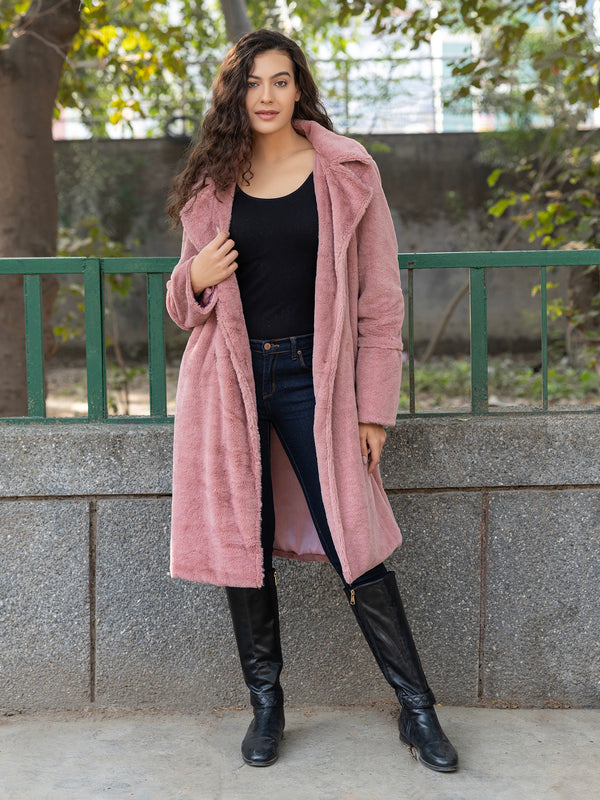 Long Fur Coat with notch collar in Pink