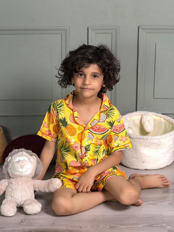 Kids Unisex Nightsuit Shorts & Shirt in Yellow Mix Fruit  Print