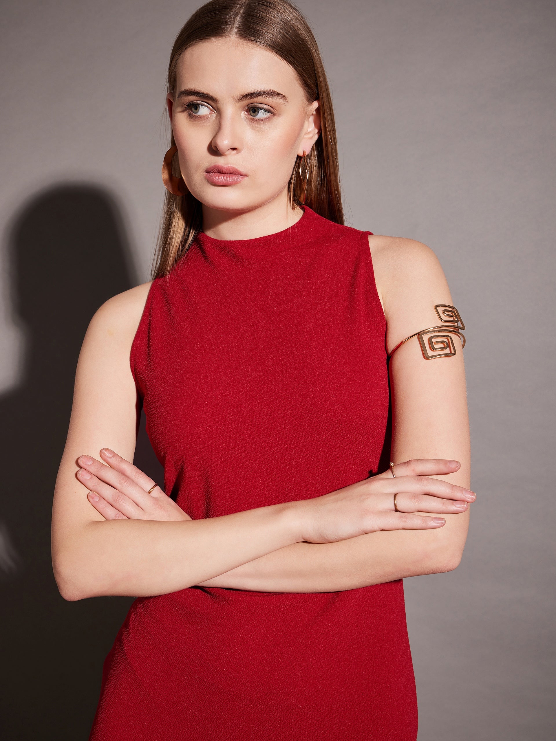 Buy Sleeveless high neck bodycon midi dress in Red Color for Women