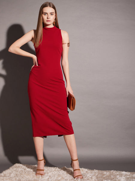 Buy Sleeveless high neck bodycon midi dress in Red Color for Women