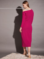 Drop shoulder fitted midi dress in Pink Color