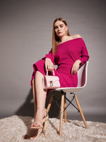 Drop shoulder fitted midi dress in Pink Color
