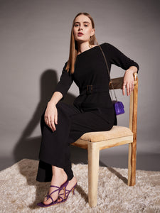 Boat Neck Coord Set with belt in Black Color