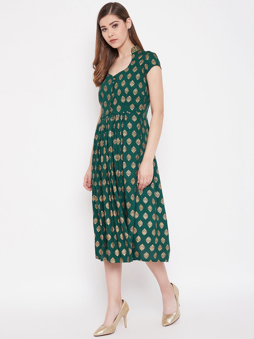 Midi Flare Dress with front loops in Bottle Green
