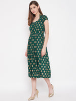 Midi Flare Dress with front loops in Bottle Green