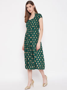 Midi Flare Dress with front loops in Bottle Green
