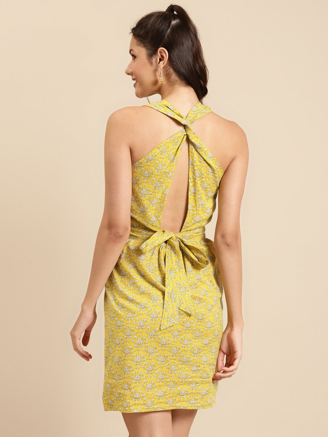 Printed Back twist and tie mini dress