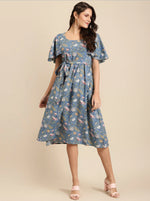 Load image into Gallery viewer, Cape sleeve printed midi dress with waist tie up
