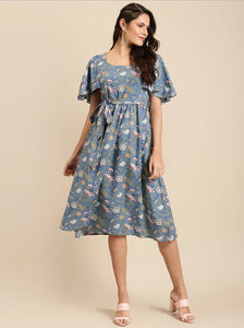 Cape sleeve printed midi dress with waist tie up