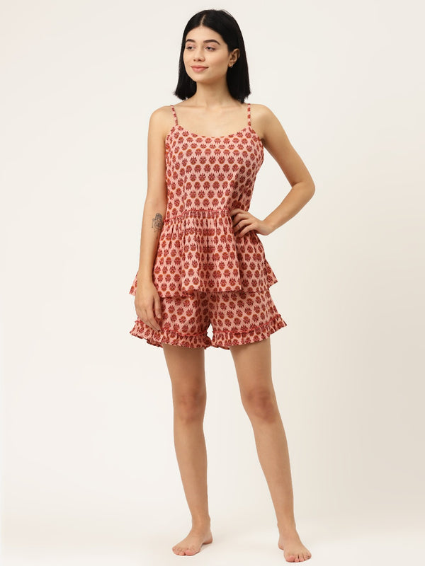 Frill Speghetti and Shorts Set in Pink Buti Print