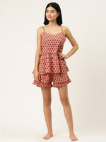 Frill Speghetti and Shorts Set in Pink Buti Print