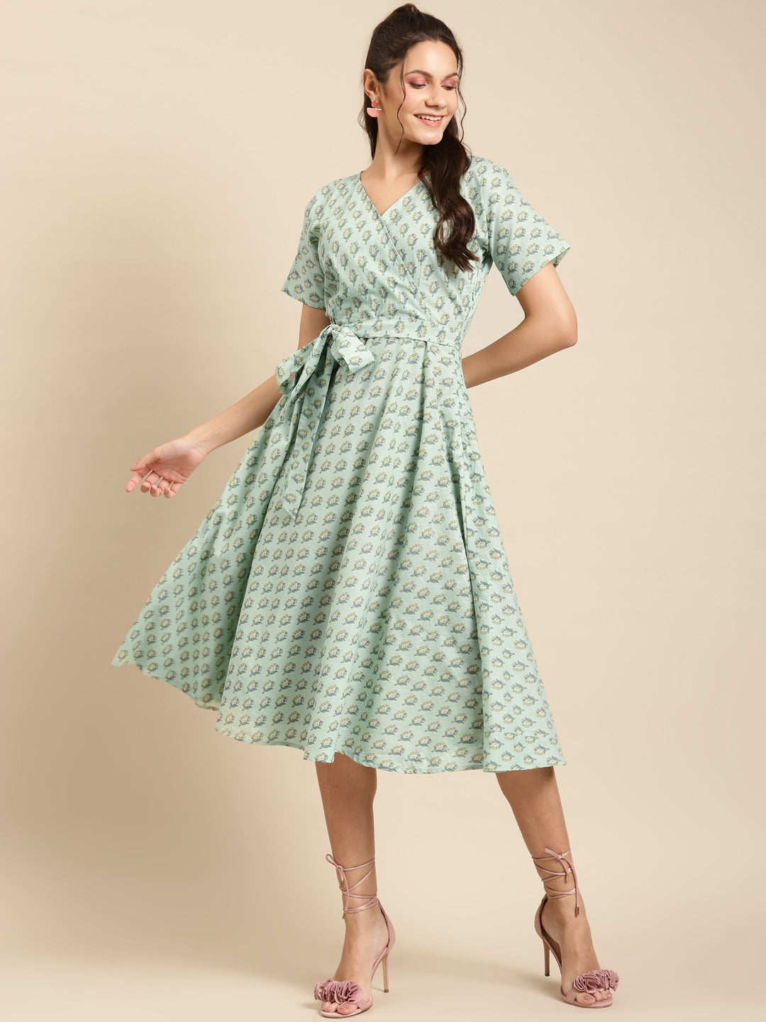 Midi Printed Dress with overlap neck and side tie