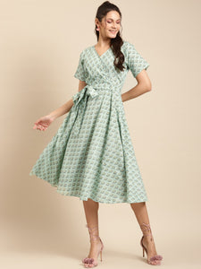 Midi Printed Dress with overlap neck and side tie