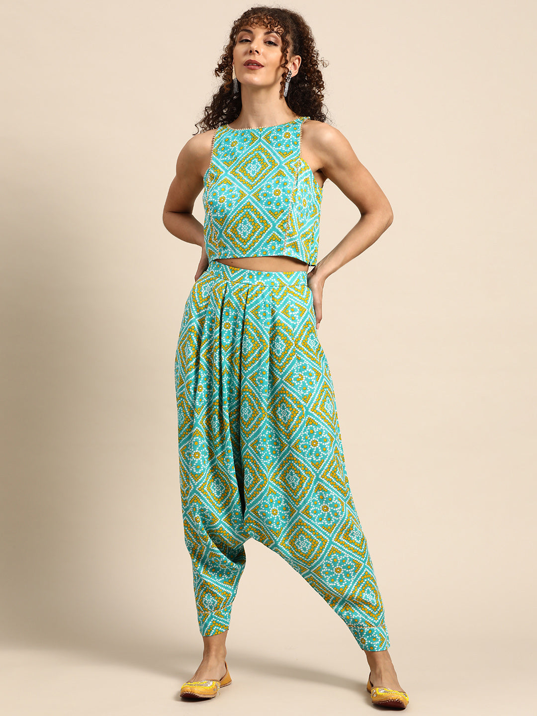 Crop top with Dhoti Pants in Aqua Blue