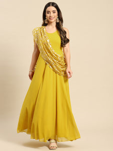 Long flare dress with dupatta drape