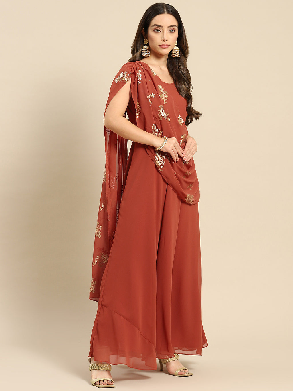 Long flare dress with dupatta drape