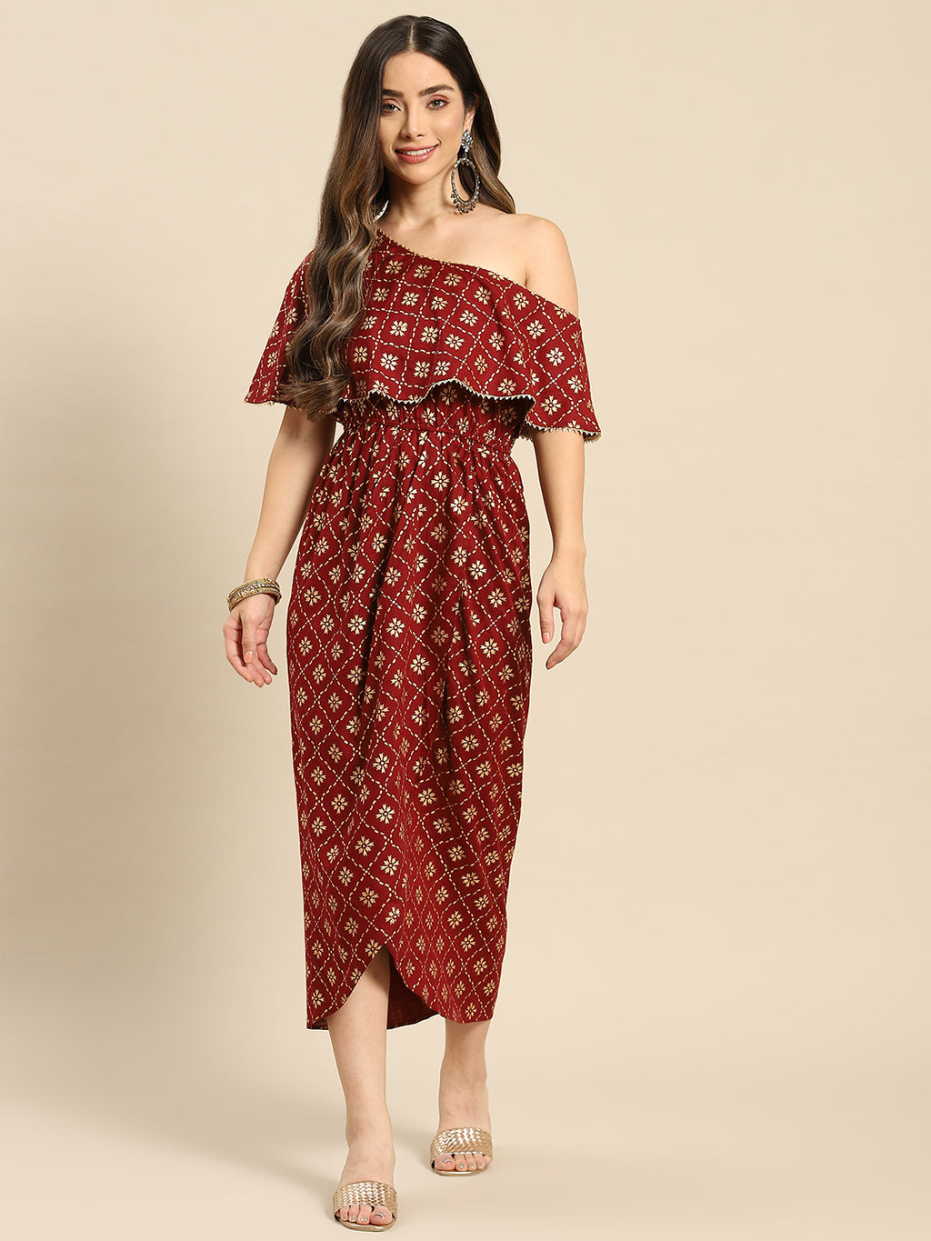 One Shoulder yoke overlap printed dress