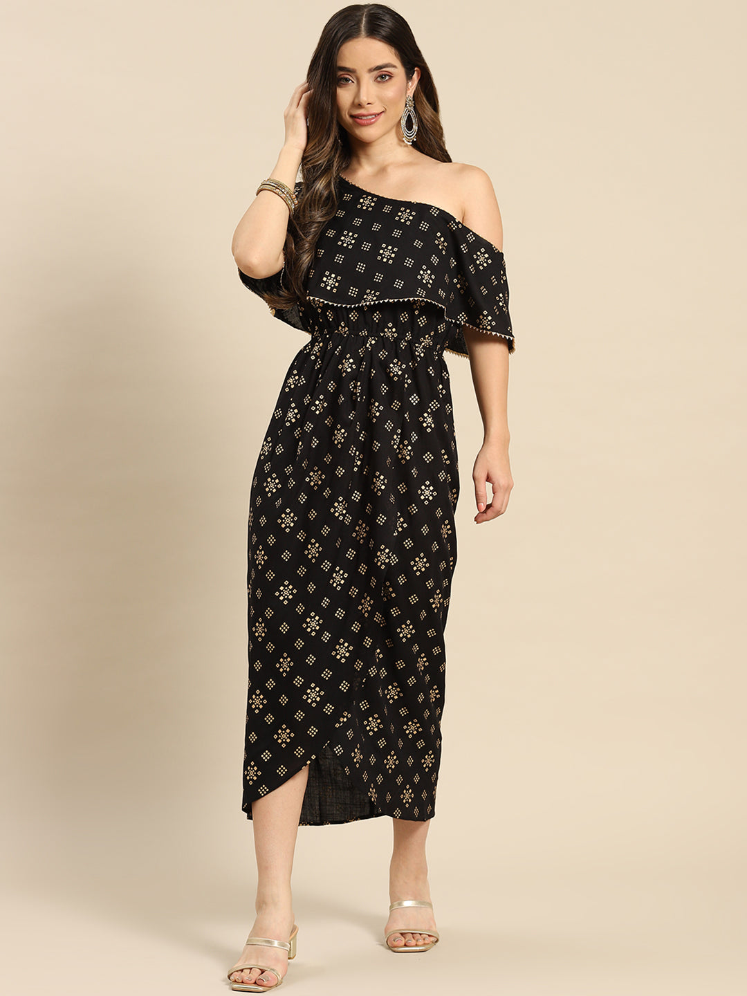 One Shoulder yoke overlap printed dress