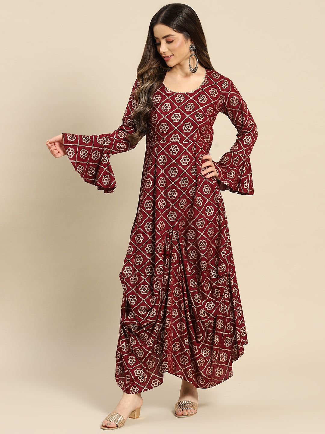 Bell Sleeve Long dress with front drape in Wine Color