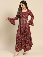 Bell Sleeve Long dress with front drape in Wine Color