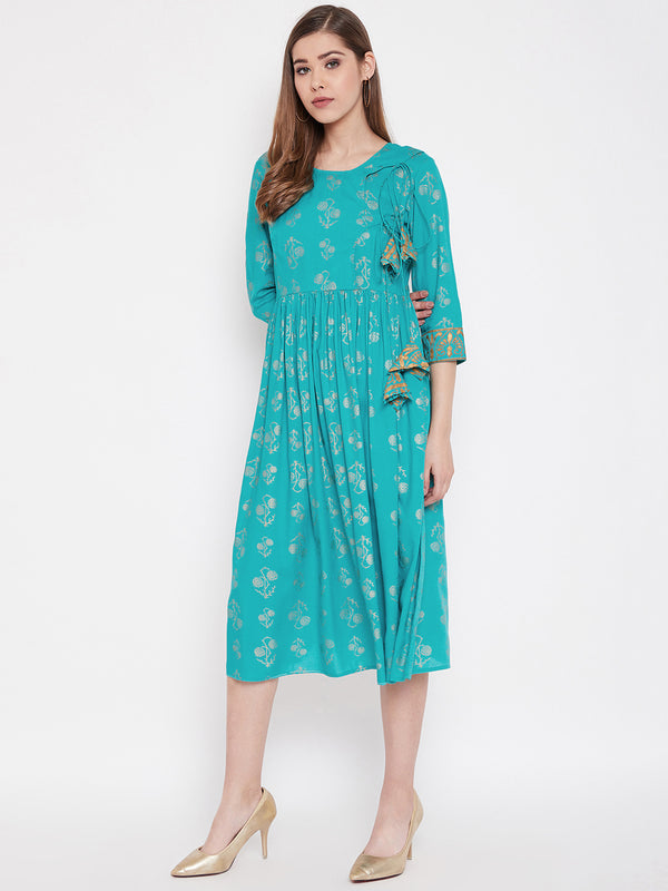 Top yoke Side tie midi dress in Mint blue