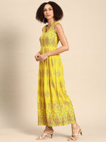 V neck pleated jumpsuit in Yellow Print