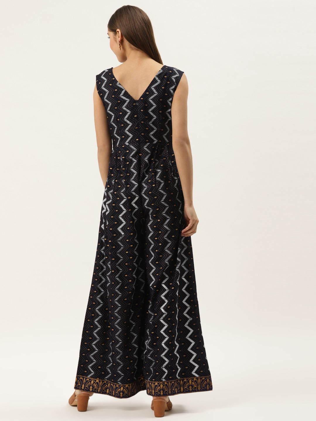 Front loops with flare pleated pants printed jumpsuit