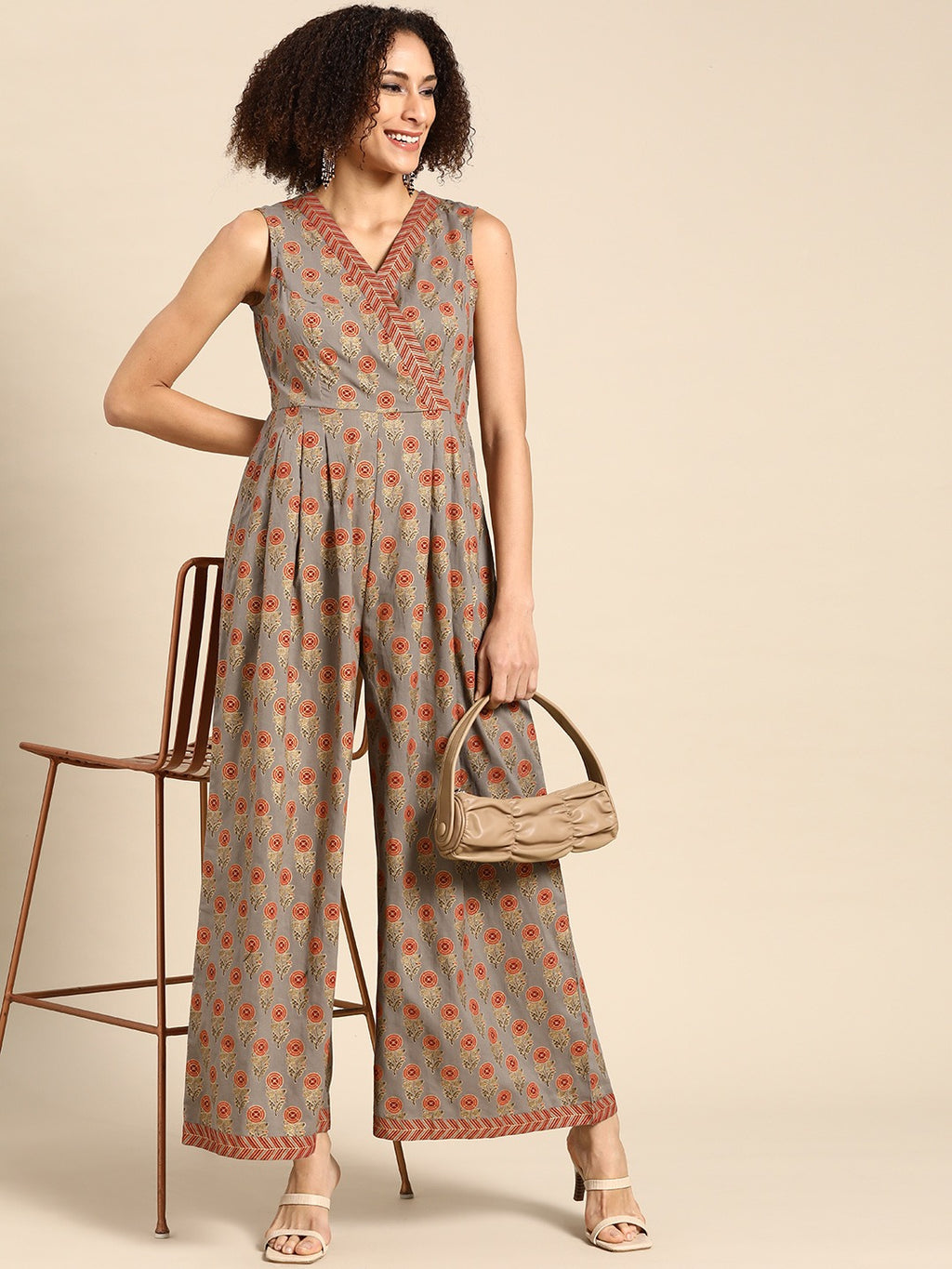 Overlap neck pleated jumpsuit