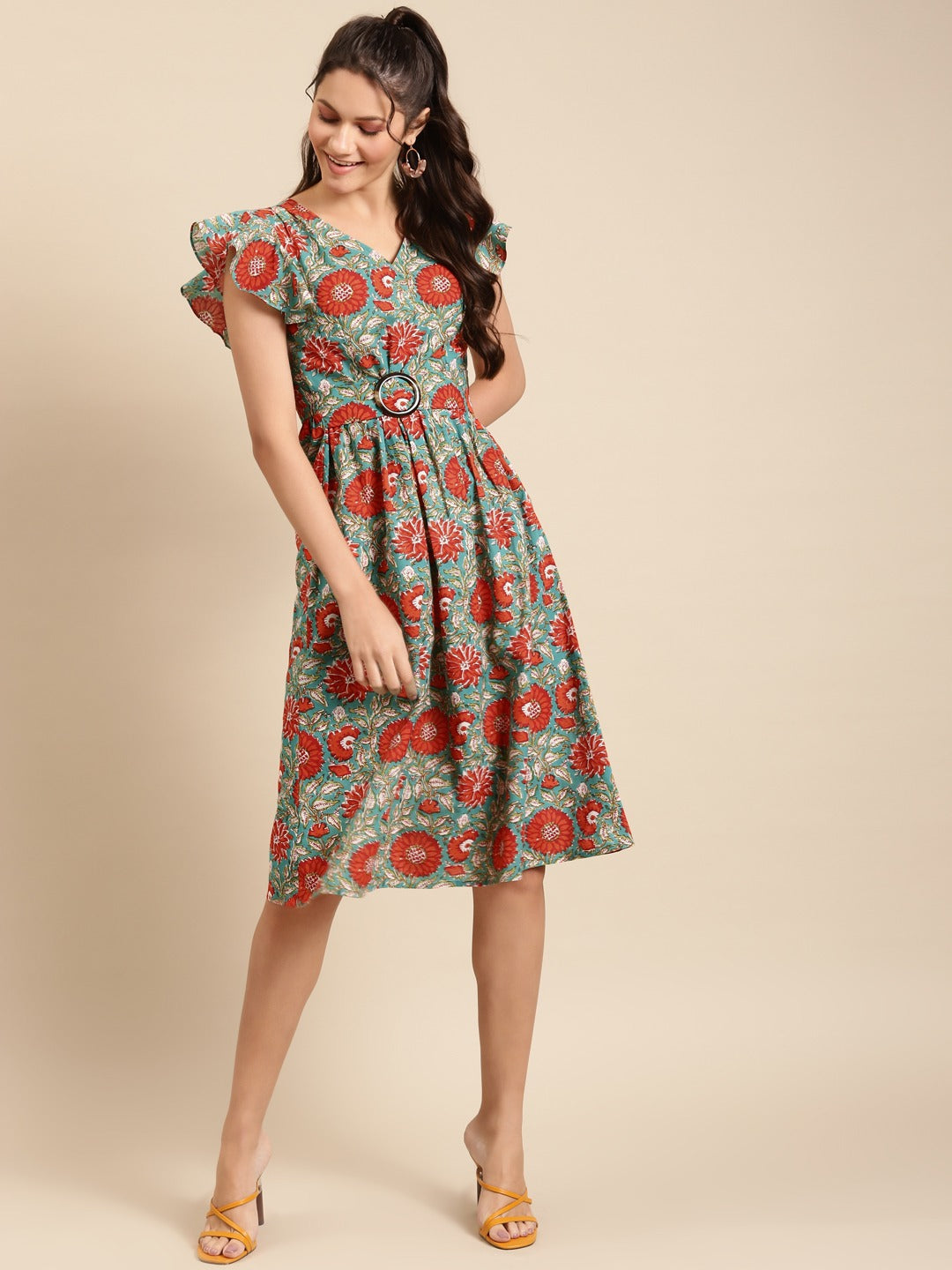 Frill sleeve printed midi dress with buckle belt