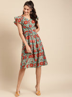 Load image into Gallery viewer, Frill sleeve printed midi dress with buckle belt
