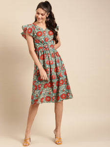 Frill sleeve printed midi dress with buckle belt