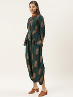 Peplum yoke with low crotch printed jumpsuit in bottle green