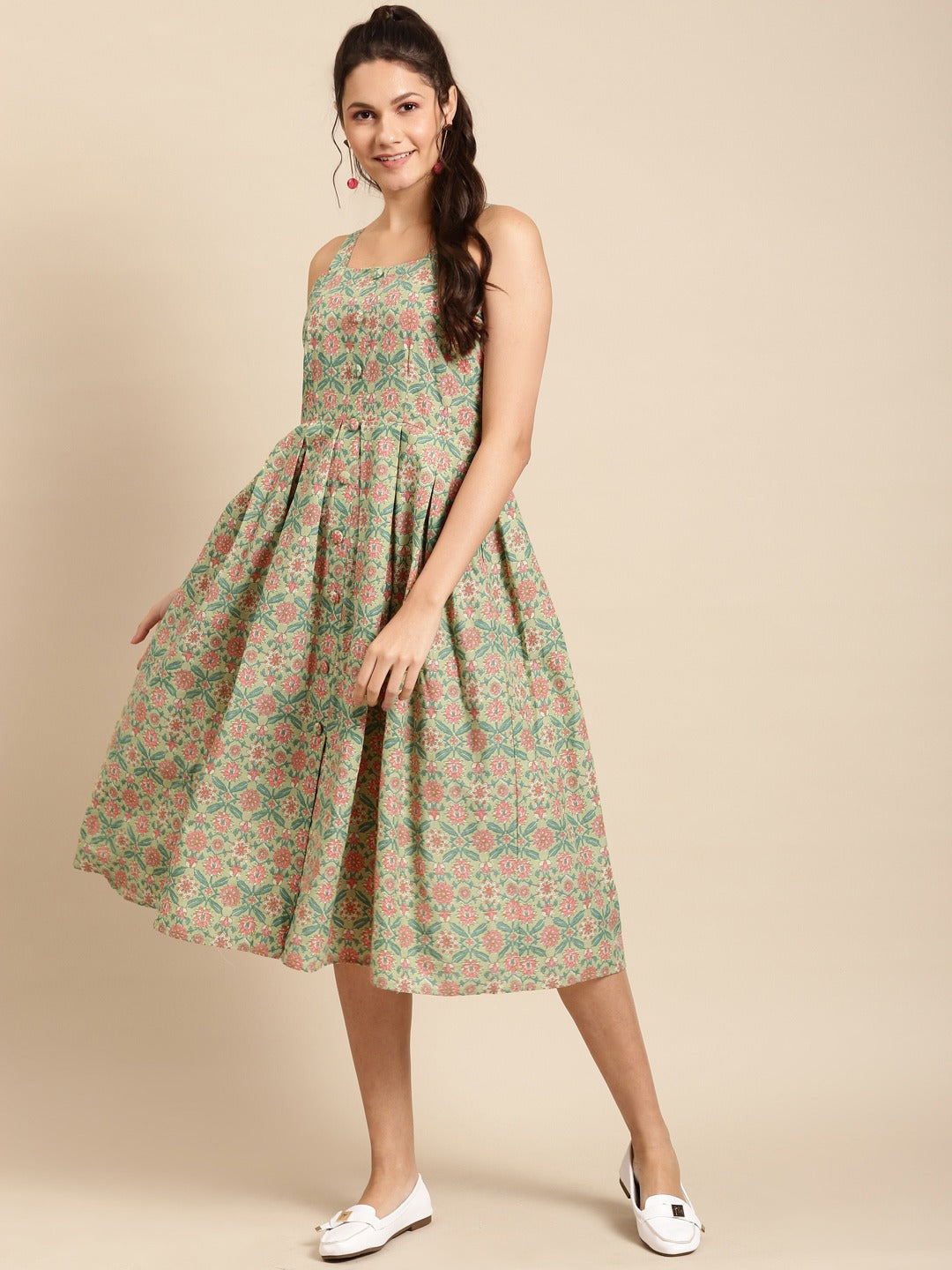 Strappy Box pleate Midi dress with front buttons
