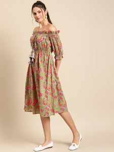 Off shoulder printed midi dress with front tie up
