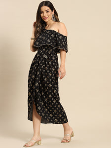 One Shoulder yoke overlap printed dress