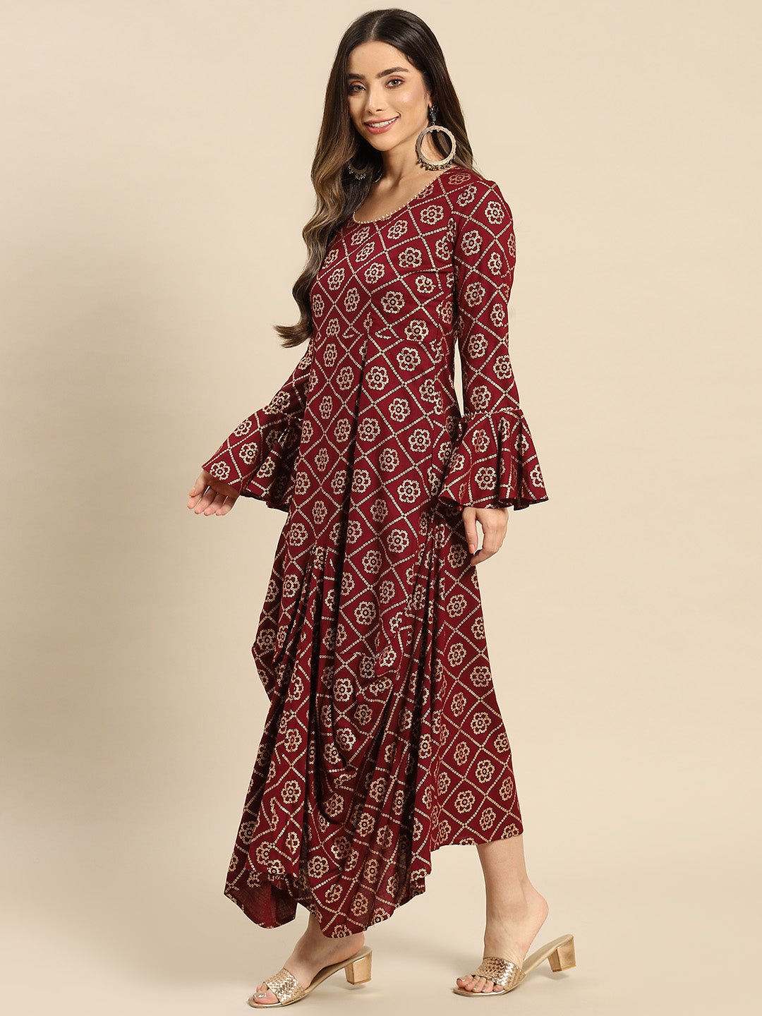 Bell Sleeve Long dress with front drape in Wine Color