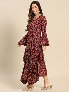 Bell Sleeve Long dress with front drape in Wine Color