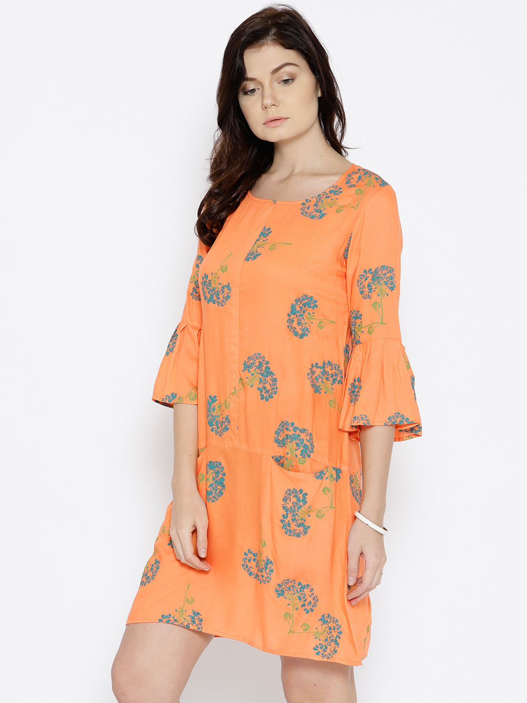 Bell sleeve Printed dress with front pockets