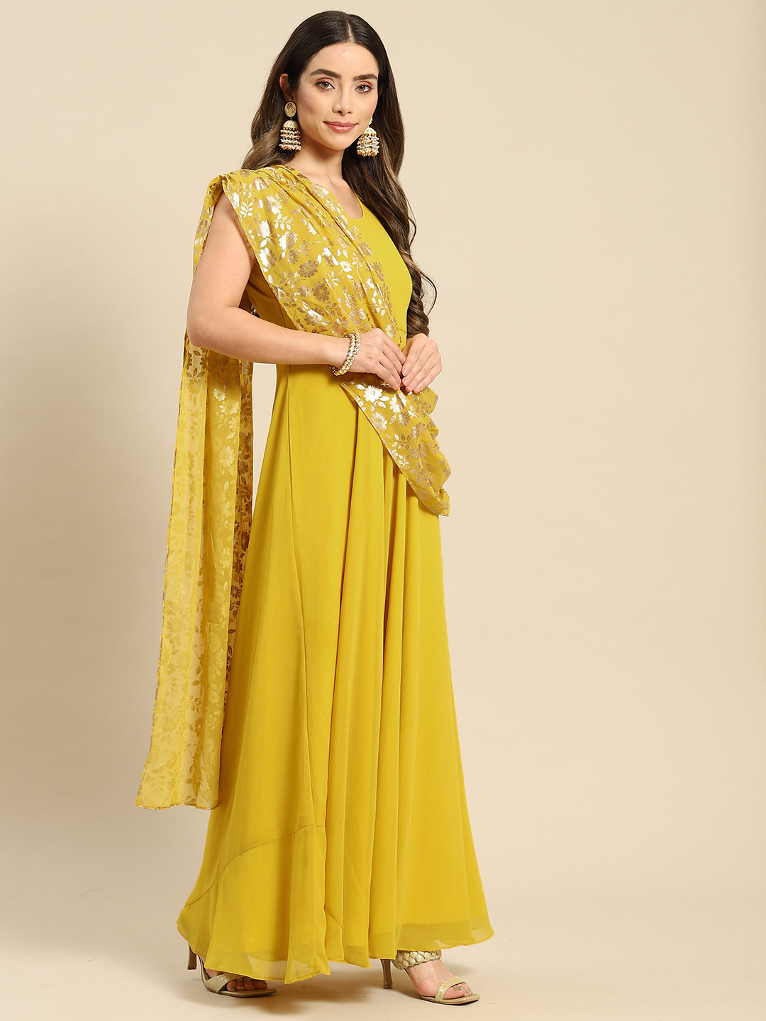 Long flare dress with dupatta drape