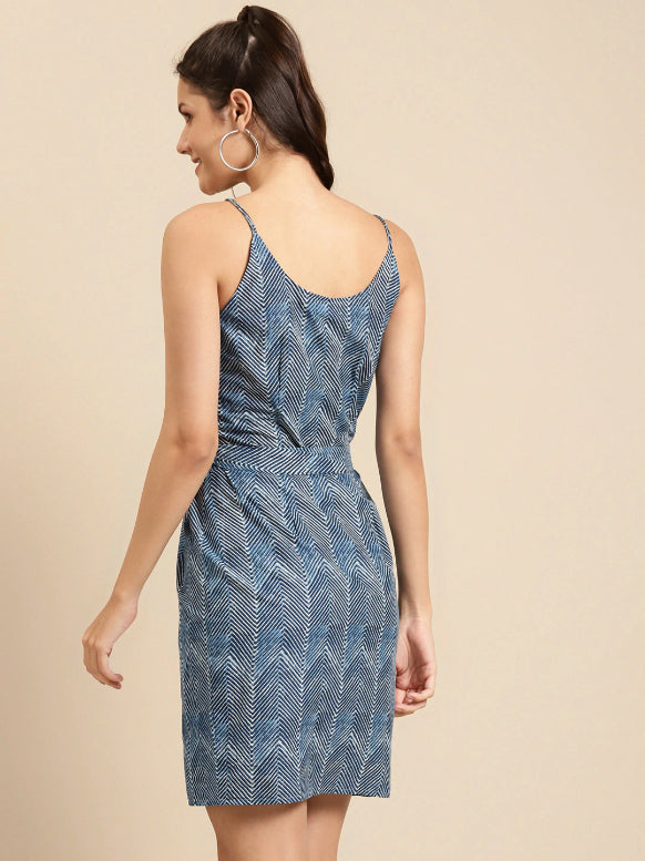 Speghetti Strap printed mini dress with waist tie