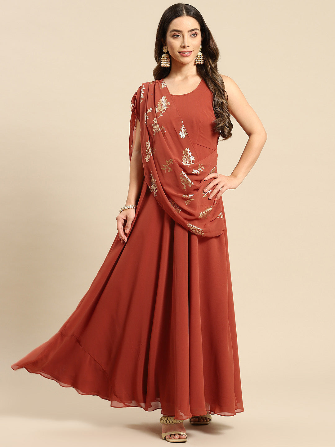 Long flare dress with dupatta drape