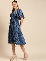 Load image into Gallery viewer, Cape sleeve printed midi dress with waist tie up
