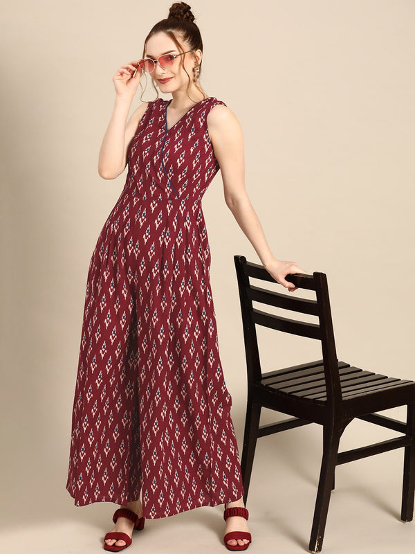 Overlap neck pleated jumpsuit in Burgundy Print